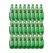Twenty-four 330 ml Perrier glass bottles lined up on a white background

