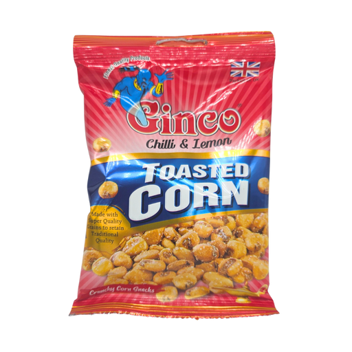 Ten 100g Ginco Chilli & Lemon Toasted Corn bags stacked for bulk display


