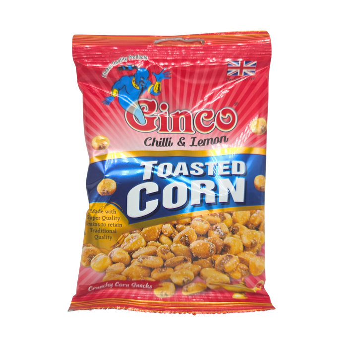 Ten 100g Ginco Chilli & Lemon Toasted Corn bags stacked for bulk display


