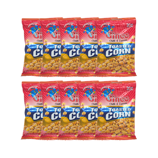 Bag of Ginco Chilli & Lemon Toasted Corn with roasted kernels spilling onto a table

