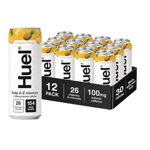 Can of Huel Pineapple & Mango Daily A-Z Vitamins Energy Drink on a table

