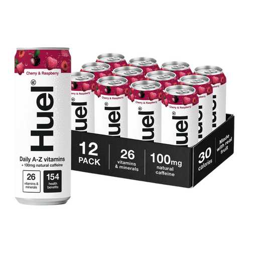 Huel Cherry & Raspberry Daily A-Z Vitamins Energy Drink can on a countertop

