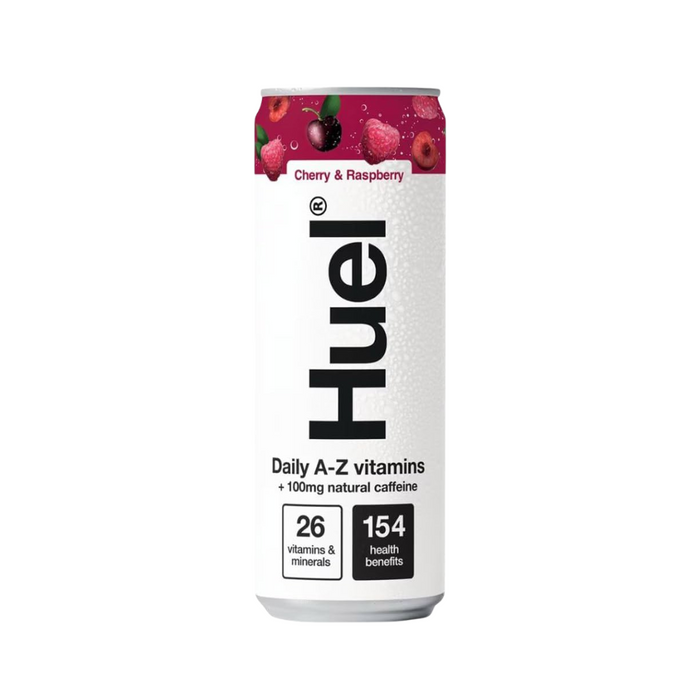 12-pack of Huel multivitamin sparkling drinks in cherry and raspberry flavour

