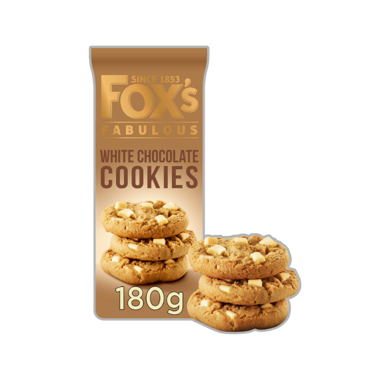 Fox's Fabulous White Chocolate Cookies in 180g box, ready to delight.