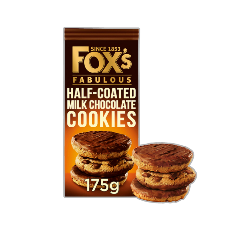 Fox's Half Coated Milk Chocolate Cookies 175g pack on a table