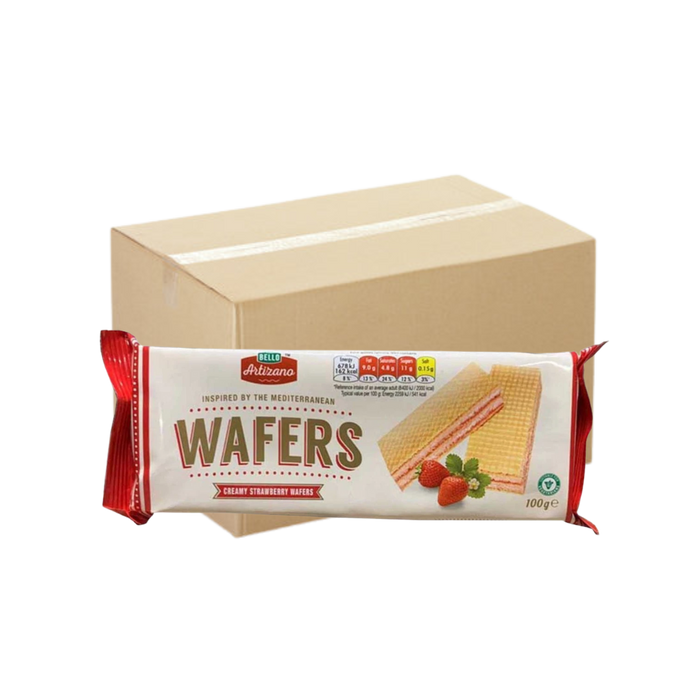 Bello Artizano Creamy Strawberry Wafers 100g box with pink strawberry filling