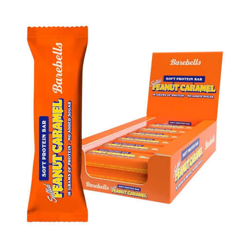 Barebells Peanut & Caramel Protein Bar unwrapped showing peanut and caramel layers