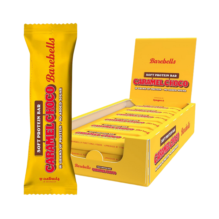 Barebells Caramel Choco Protein Bar unwrapped showing caramel and chocolate coating