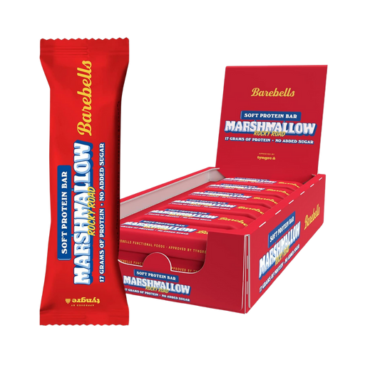 Barebells Rocky Road Protein Bar unwrapped showing chocolate coating