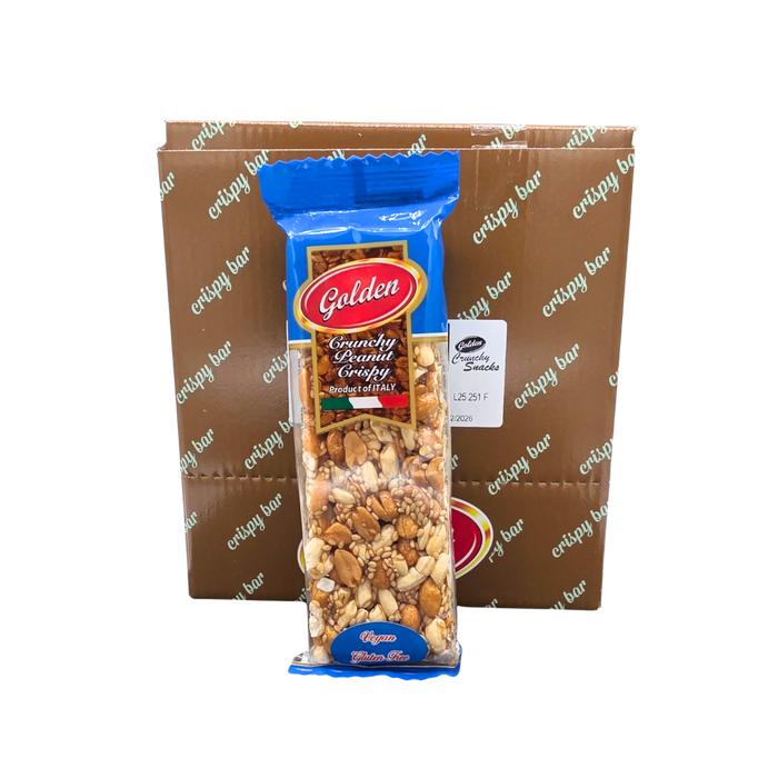 Close-up of Golden Crunchy Peanut Crispy Bar unwrapped on a table