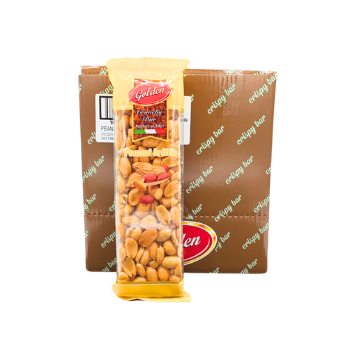 Golden Crunchy Peanut Brittle bar in its wrapper on a white background