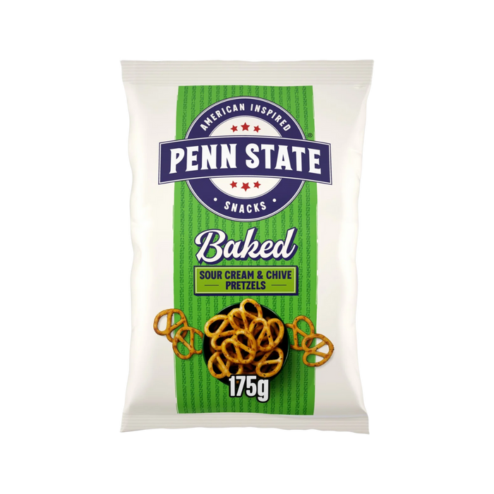 Eight-pack of Penn State Sour Cream & Chive Sharing Pretzels (8×175g) with one opened bag revealing seasoned pretzels, packaging and product name visible
