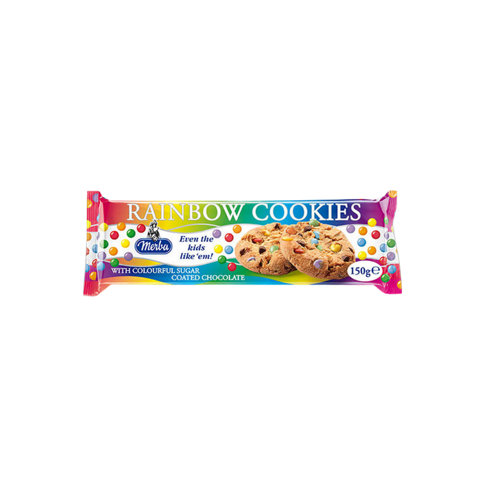 Golden-baked Merba cookies with rainbow sugar-coated chocolates