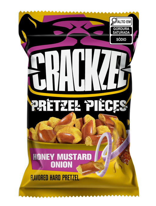 Retail box of Crackzel Honey Mustard and Onion pretzels — contains twelve 85 g bags; packaging shows the Crackzel logo, seasoned pretzels with a honey‑mustard dip and product information.