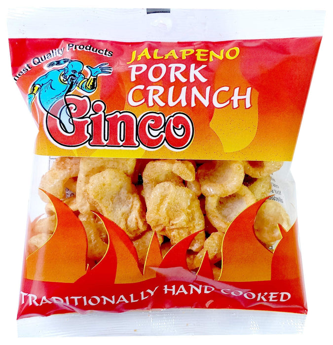 Single 25g Ginco Jalapeno Pork Crunch packet from a 12-pack, jalapeno-flavored crispy pork snack for savory snacking
