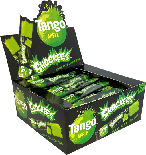 Box of Tango Shockers Apple Sweets, 72 × 10 g packets: bright green apple-themed packaging showing the product name and individual green-wrapped candies to highlight the apple-flavoured sweets.
