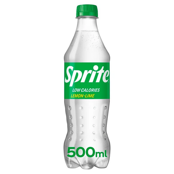 12-pack of 500ml Sprite lemon-lime soft drink bottles — UK multipack of clear PET bottles with green branded labels