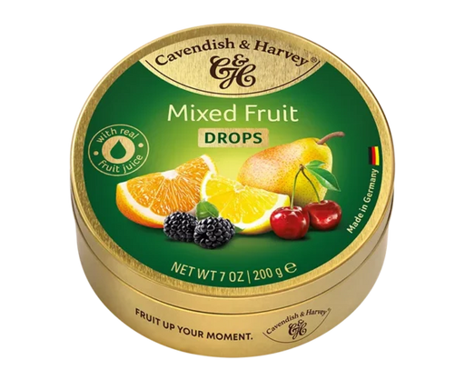 Cavendish & Harvey Hard Candy Drops Mix Fruits 1 x 200g — clear resealable 200g bag of colorful assorted round fruit-flavored hard candy drops with brand logo