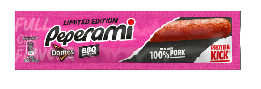 Peperami Doritos BBQ x24 multipack — box containing 24 individual BBQ-flavored snack packets featuring Peperami and Doritos branding