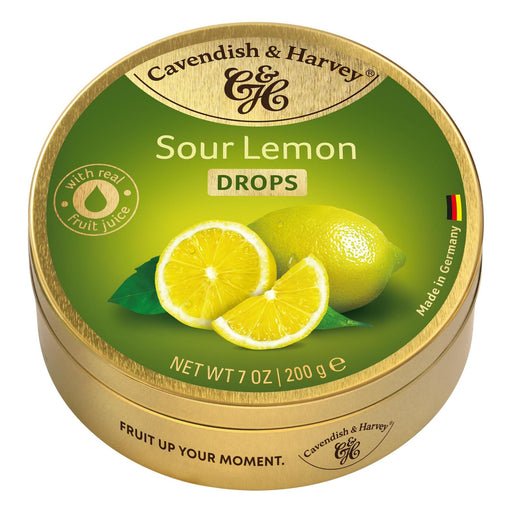 Cavendish & Harvey Hard Candy Drops Sour Lemon, 200g — bright yellow sour-lemon hard candies in a 200g package with Cavendish & Harvey logo and lemon illustration.