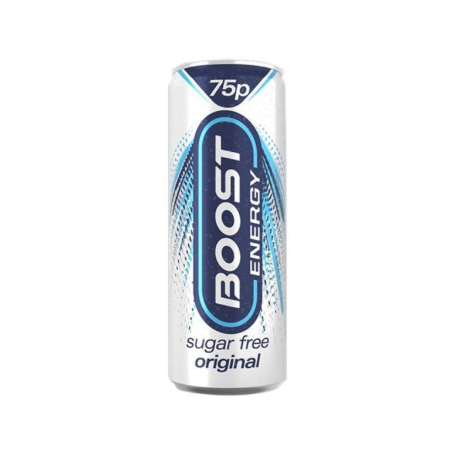 Single Boost Sugar Free Energy Drink Original 250ml can shown upright with logo — sold in a 24-can bulk pack