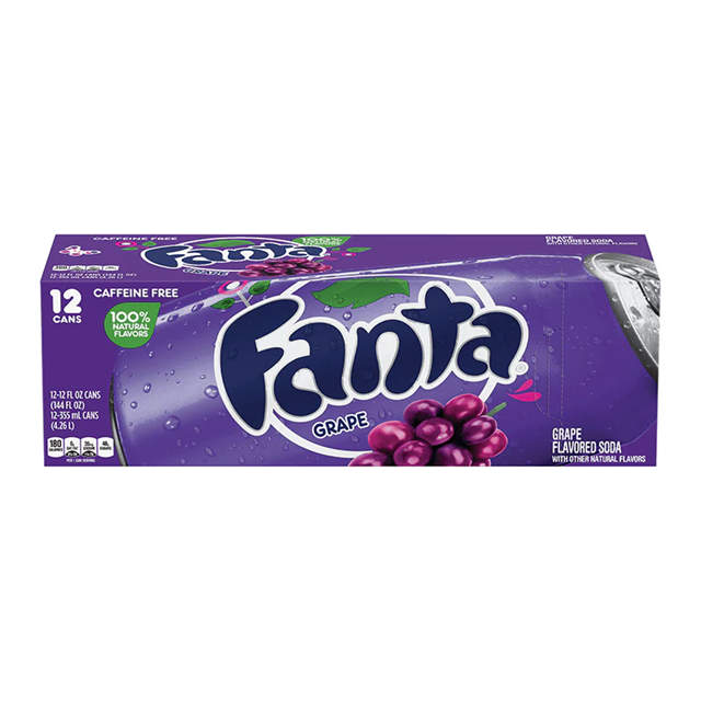 Fanta Grape 12 x 355ml pack of cans — twelve purple‑labeled aluminum cans of grape‑flavored soda