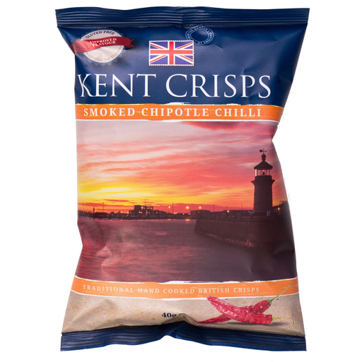 10-pack of Kent Crisps Smoked Chipotle Chilli 150g bags in branded packaging showing the logo and chipotle chilli graphic