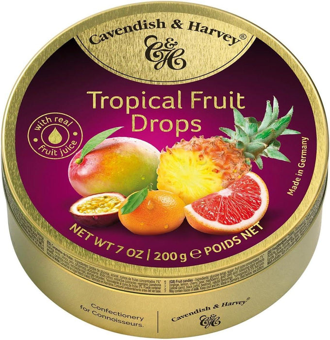 Cavendish & Harvey Hard Candy Drops Tropical 200g — clear jar of assorted colorful round tropical-flavored hard candies with branded label