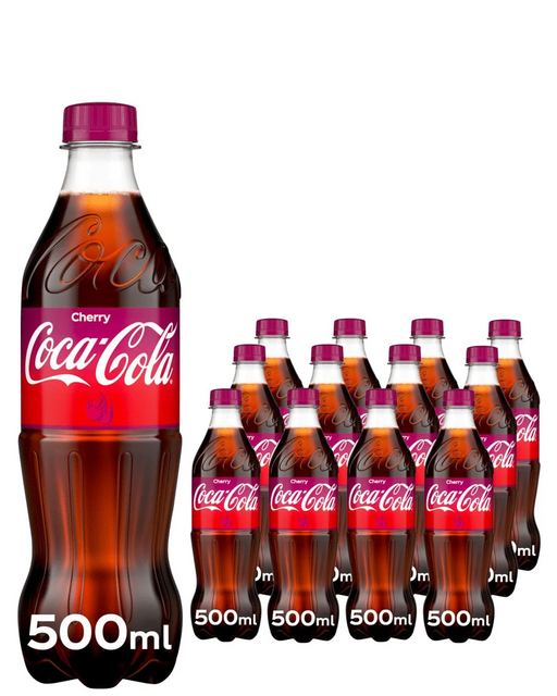 Cardboard multipack of 12 Coca-Cola Cherry 500ml bottles (UK) with red labels and cherry graphics.