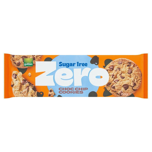 Gullon ZERO Choc Chip Cookie sugar-free multipack 3×150g — front-of-pack image showing three 150g packs, a chocolate chip cookie close-up and nutrition labels