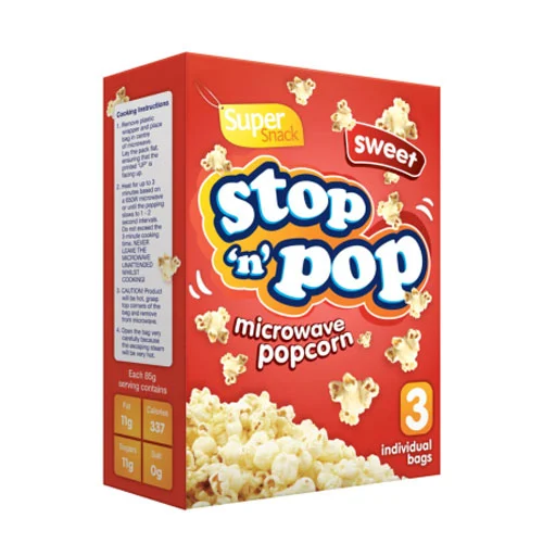 Stop n Pop Microwave Sweet Popcorn 4 x 255g — boxed 4-pack with branded packaging showing an appetizing pile of popped sweet popcorn; microwaveable bags indicated on the box.