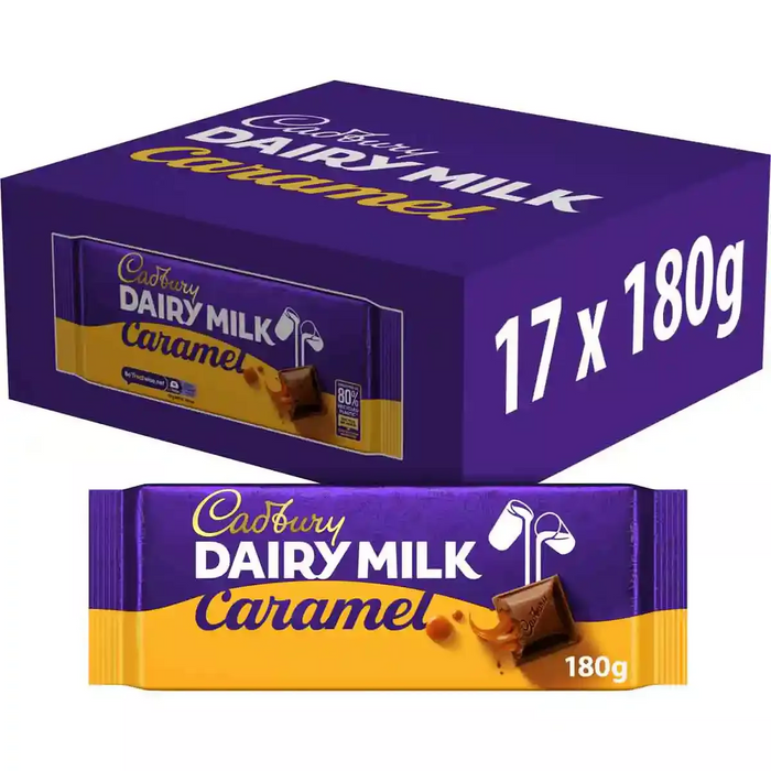 Cadbury Dairy Milk Caramel multipack — 17 x 180g bars in purple wrappers, shown in a display box with the Cadbury logo and a dripping caramel image on each bar.