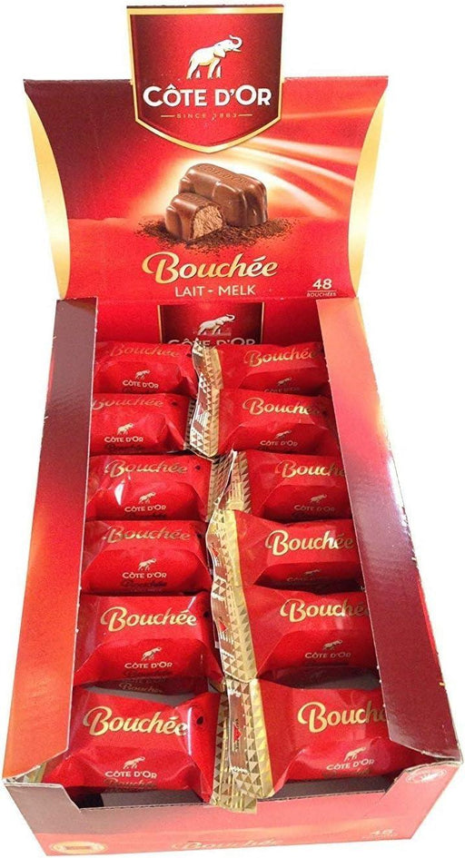 Box of 48 Côte d'Or Bouchée 25 g — individually wrapped bite-size chocolates in brown and gold wrappers