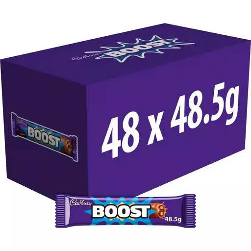 Multi-pack box of 48 Cadbury Boost chocolate bars, 48.5 g each, in purple Cadbury-branded packaging showing the Boost logo and individually wrapped bars.