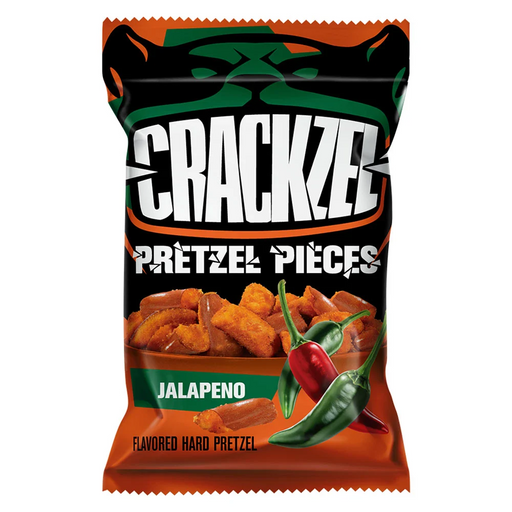 Bundle of twelve 85g Crackzel Jalapeno Pretzels bags (12 × 85g), front packaging visible showing spicy jalapeno-flavored crunchy pretzel snack branding