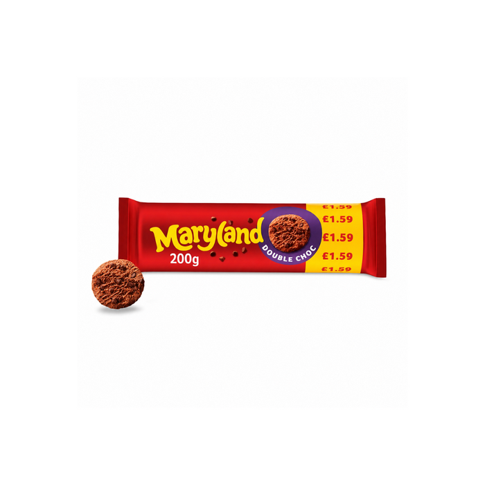 Pack of five Maryland Cookies Double Choc Chip 200g bags, stacked with branded packaging showing large double chocolate chip cookies and scattered chocolate pieces — chocolate biscuit snack