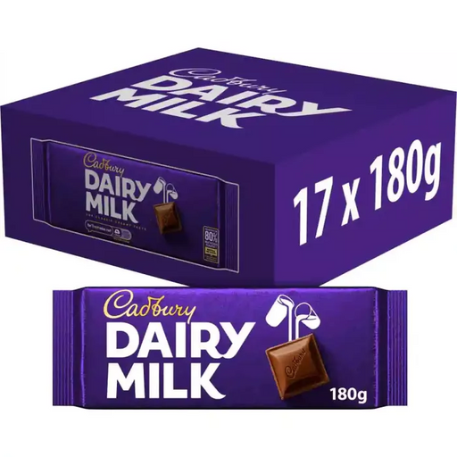 Front-facing bulk pack of 17 Cadbury Dairy Milk 180g bars (17 x 180g) in signature purple wrappers, stacked in a rectangular carton with visible Cadbury logo and 'Dairy Milk 180g' labels — milk chocolate multipack for sharing.