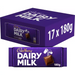 Front-facing bulk pack of 17 Cadbury Dairy Milk 180g bars (17 x 180g) in signature purple wrappers, stacked in a rectangular carton with visible Cadbury logo and 'Dairy Milk 180g' labels — milk chocolate multipack for sharing.