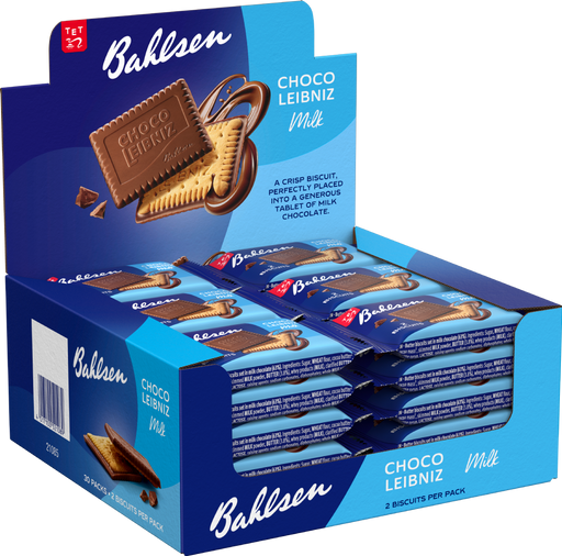Box of Bahlsen Choco Leibniz milk chocolate biscuits — 27.5g each, pack of 30 — retail box displaying individually wrapped bars and a close-up of the rectangular butter biscuit topped with milk chocolate.