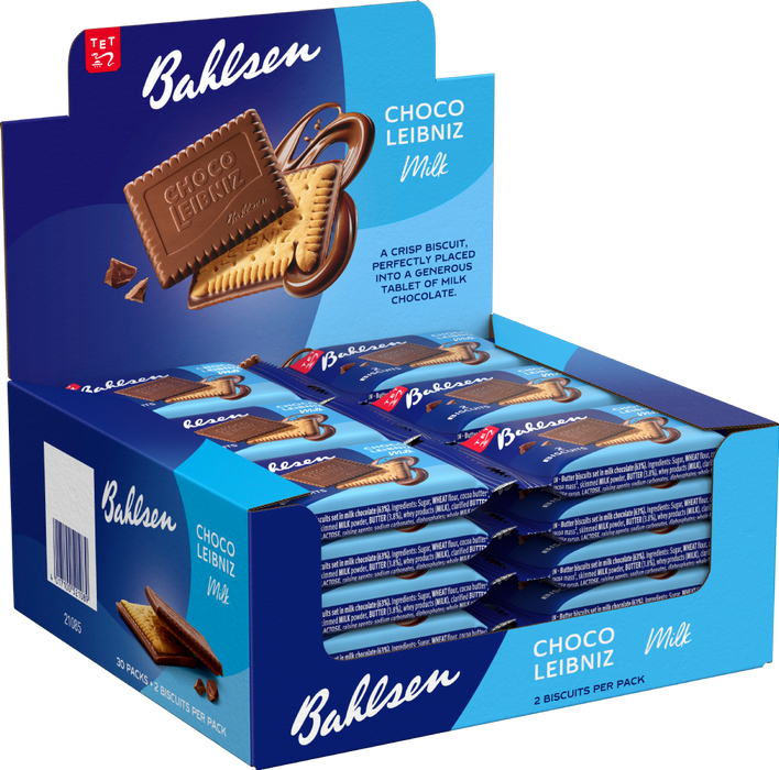 Box of Bahlsen Choco Leibniz milk chocolate biscuits — 27.5g each, pack of 30 — retail box displaying individually wrapped bars and a close-up of the rectangular butter biscuit topped with milk chocolate.