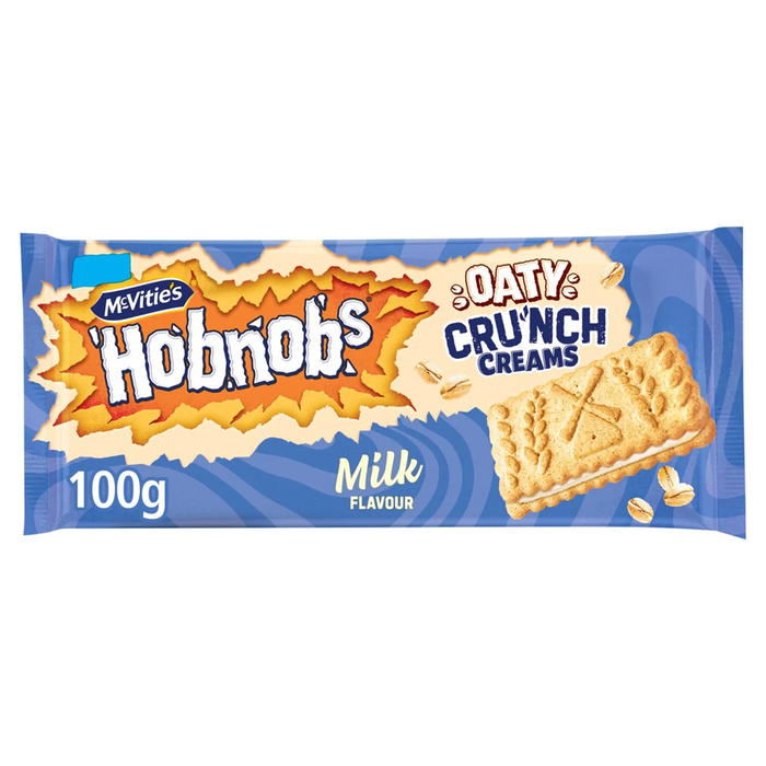 Multipack of McVitie's Hobnobs Oaty Milky Biscuits (18 × 100g) showing branded packaging with oat-and-milk imagery; crunchy oaty biscuits ideal for tea or snacking.