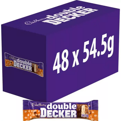 Cadbury Double Decker multipack carton of 48 chocolate bars (48 x 54.5g) in purple packaging displaying the Double Decker logo and an image of a bar cross-section revealing nougat and crispy cereal layers.