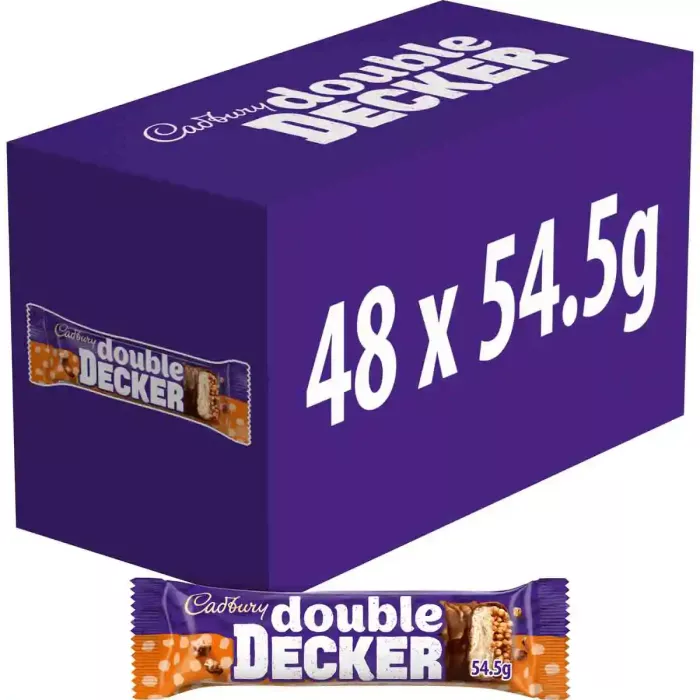 Cadbury Double Decker multipack carton of 48 chocolate bars (48 x 54.5g) in purple packaging displaying the Double Decker logo and an image of a bar cross-section revealing nougat and crispy cereal layers.