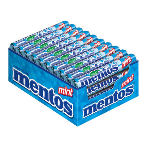 Single case (1 x 40 rolls) of Mentos Chew Blue Mint, forty blue-wrapped chew rolls displaying the Mentos logo and Blue Mint flavor label.