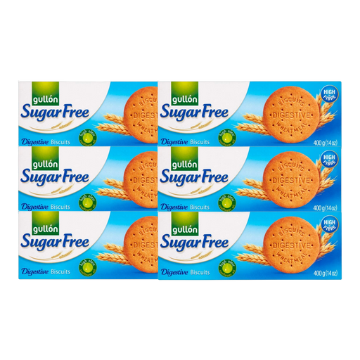 Gullon Sugar Free Digestive Biscuits pack of 6 — six 400g retail packs displayed showing the Gullon brand and 'sugar free' digestive biscuit labeling