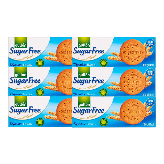 Gullon Sugar Free Digestive Biscuits pack of 6 — six 400g retail packs displayed showing the Gullon brand and 'sugar free' digestive biscuit labeling