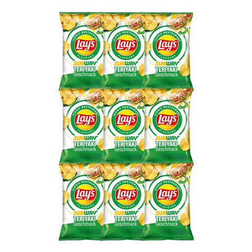 Pack of nine Lay's Subway Teriyaki Crisps 150g bags - teriyaki-flavored potato crisps in Subway co-branded packaging