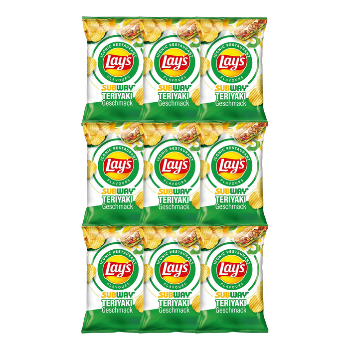 Pack of nine Lay's Subway Teriyaki Crisps 150g bags - teriyaki-flavored potato crisps in Subway co-branded packaging