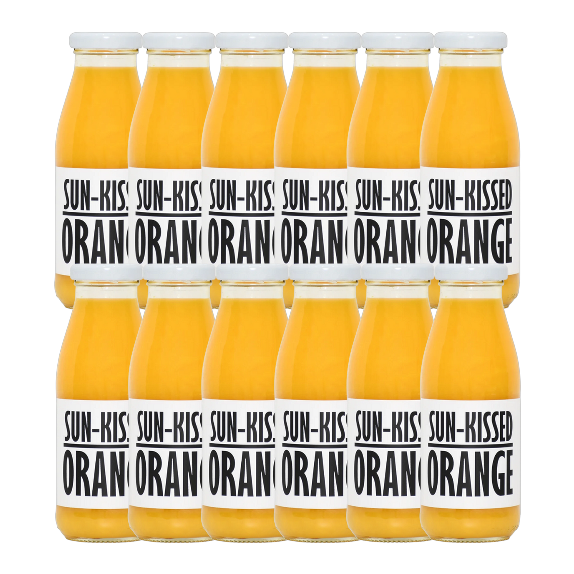 A bottle of Pressuice Sun-Kissed Orange Juice with fresh oranges in the background.