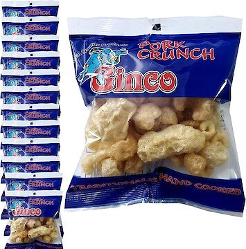 Pack of 12 Ginco Original Pork Crunch snack bags, stacked with one open bag showing golden crispy pork crackling pieces